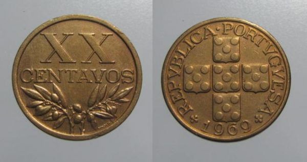 100k KM584 Portugal - XX Centavos 1969 (Bronze)