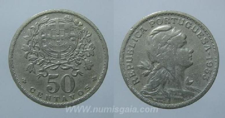 128e KM#577 Portugal - 50 Centavos 1953 (Alpaca)