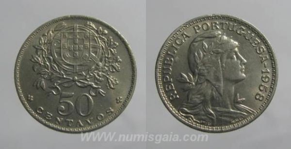 132d KM#577 Portugal - 50 Centavos 1958 (Alpaca)