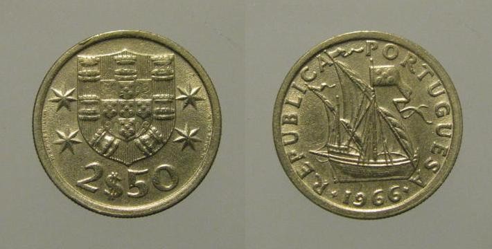 231m KM#590 Portugal - 2,50 Escudos 1966 (Cupro-Níquel)