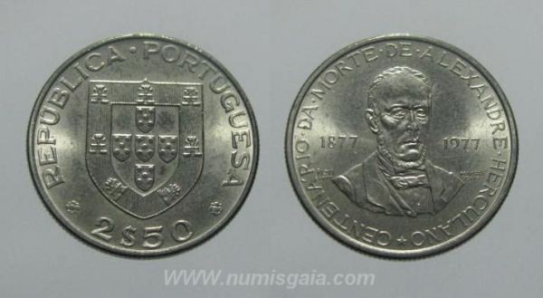 251l KM#605 Portugal - 2,50 Escudos 1977 Alexandre Herculano (Cupro-Níquel)