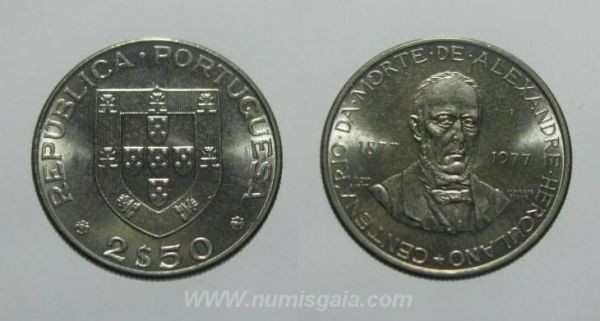 251s KM#605 Portugal - 2,50 Escudos 1977 Alexandre Herculano (Cupro-Níquel)