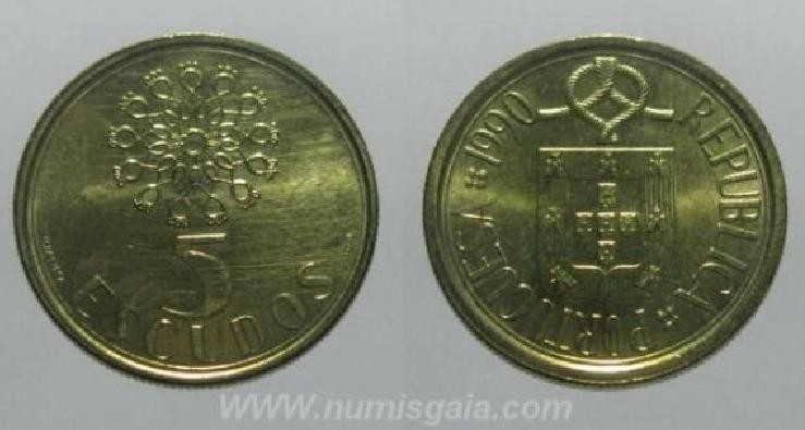 297c KM#632 Portugal - 5 Escudos 1990 (Latão Níquel)