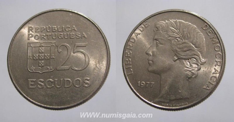 353q KM#607 Portugal - 25 Escudos 1977 (Cupro-Níquel)