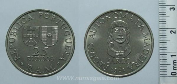 363r KM#4 Madeira Islands Portugal - 25 Escudos 1981 R.A. Madeira (Cupro-Níquel)