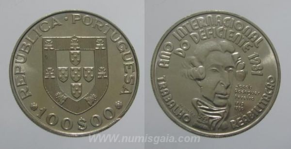 390l KM#625 Portugal - 100 Escudos1984 Ano Internacional Deficiente (Cupro Níquel)