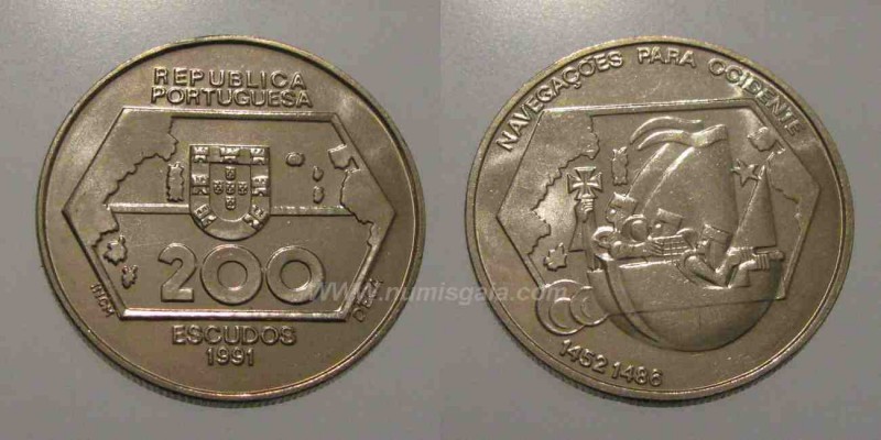 428h KM#659 Portugal - 200 Escudos 1991 Navegação Ocidente (Cupro Níquel)
