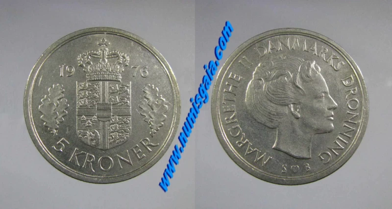 Dinamarca KM#863.1DK76 - 5 KRONER 1976