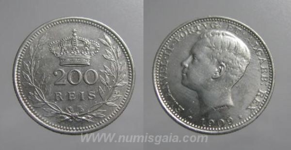 Portugal Man4n - 200 REIS 1909 D. MANUEL II